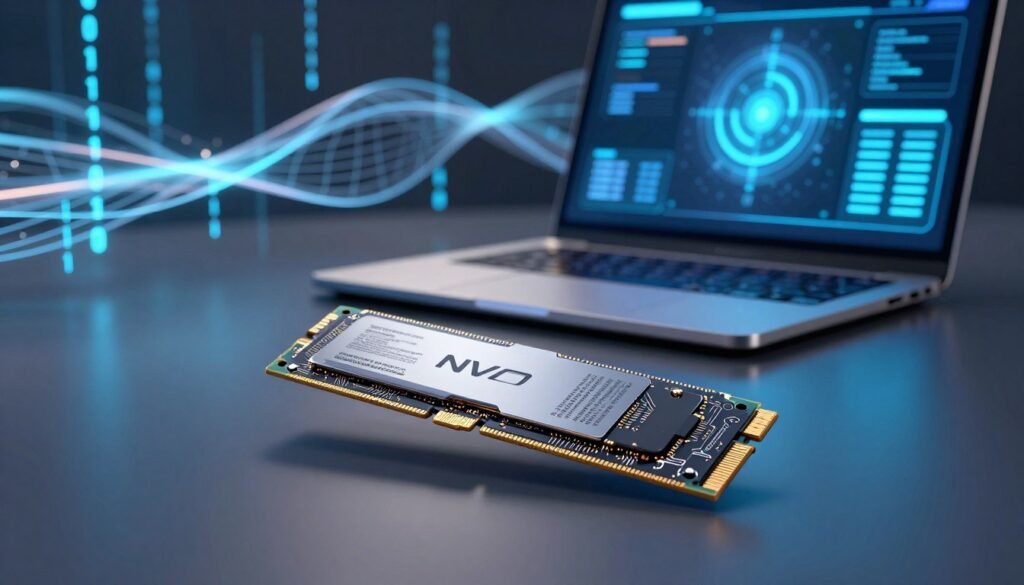 На передньому плані чітко видно футуристичний твердотільний накопичувач NVMe, його елегантний металевий дизайн блищить під м'яким розсіяним освітленням. Твердотільний накопичувач розташований під кутом, що підкреслює його складну схему та етикетку з детальним гравіюванням. Посередині — високотехнологічна робоча станція з частково відкритим футуристичним ноутбуком, на якому відображається цифровий інтерфейс, що показує швидкість передачі даних, оточений голографічними візуалізаціями даних. На задньому плані зображено абстрактне зображення потоку даних з мотивами двійкового коду, що світяться, та підсвіченими мережевими сітками, що символізують швидку еволюцію технологій. Сцена знята з малою глибиною різкості, щоб підкреслити твердотільний накопичувач, зберігаючи водночас м'яко розмитими робочу станцію та фон, створюючи сучасну та інноваційну атмосферу.
