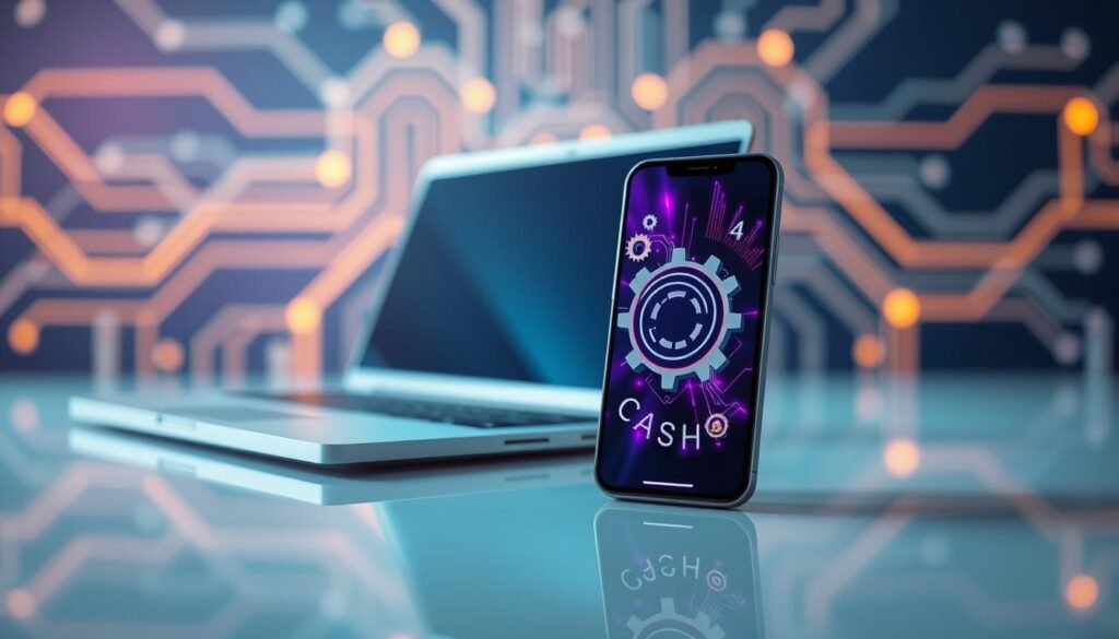 На передньому плані зображено сучасний, елегантний смартфон, екран якого демонструє яскраве візуальне представлення процесу очищення кешу з анімованими елементами, такими як обертові шестерні та потоки даних. Посередині поруч розташований ноутбук із м’яким фокусом, що символізує взаємопов’язані технології. На задньому плані представлено динамічний дизайн цифрової схеми зі світними лініями, що підкреслюють технічний аспект проблем із кешем. Освітлення яскраве та привабливе, відбиваючи світло на гладкій поверхні смартфона. Атмосфера створює відчуття ясності та ефективності, що натякає на піднесене рішення технічних проблем. Композиція чиста, сучасна та візуально приваблива, запрошуючи читачів задуматися про технічні та програмні причини уповільнення роботи телефону.