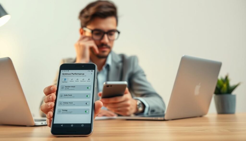 Сучасний смартфон розташований на передньому плані, екран якого відображає детальну інфографіку про оптимізацію продуктивності телефону. Посередині зображення стильний, професійний чоловік у повсякденному діловому одязі задумливо взаємодіє з пристроєм, перевіряючи налаштування, виглядаючи зосередженим та зацікавленим. На задньому плані зображено акуратно організований стіл з ноутбуком, мінімалістичними аксесуарами та рослиною, що створює враження продуктивної атмосфери. М’яке розсіяне освітлення освітлює сцену, створюючи теплу та затишну атмосферу. Ракурс чітко відображає як інтерес людини, так і екран смартфона, підкреслюючи тему підвищення швидкості телефону без скидання до заводських налаштувань.