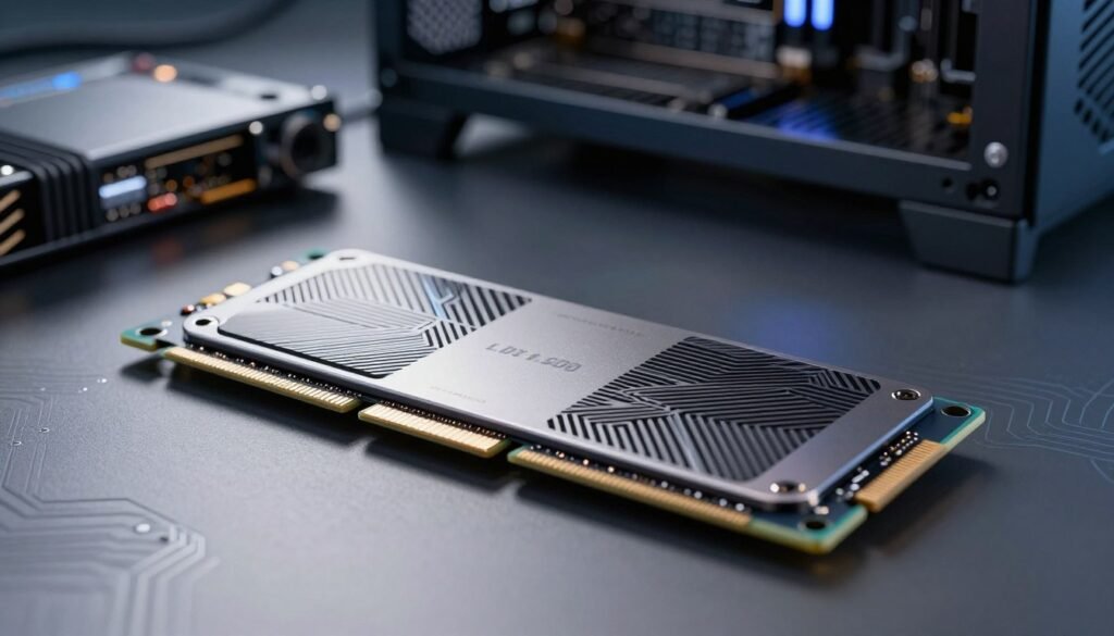 Сучасний накопичувач SSD PCIe 4.0 з радіатором охолодження на фоні комплектуючих для потужного ігрового чи професійного ПК.