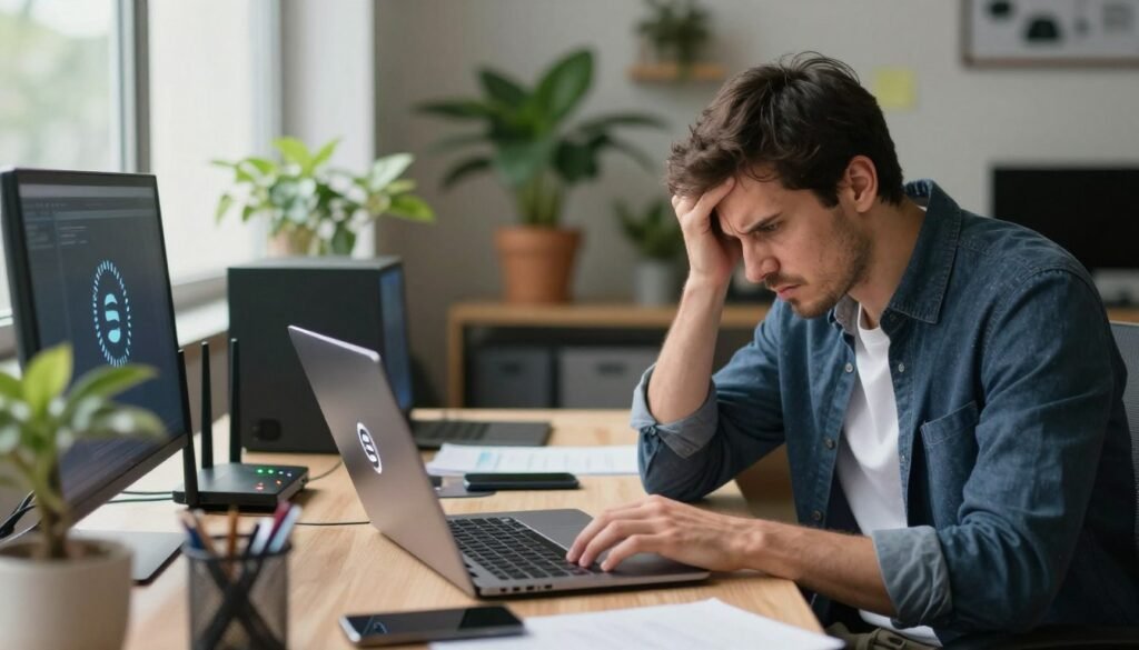 Офісний працівник за столом із ноутбуком, на якому завантажується сторінка, висловлює незадоволення через повільний Wi-Fi та поганий сигнал.