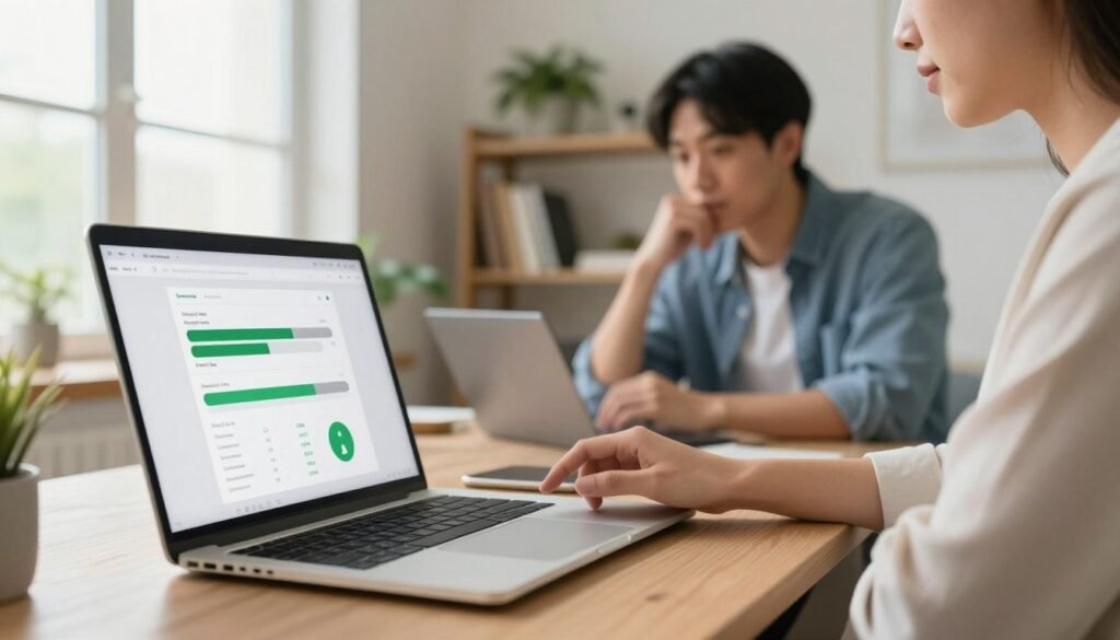 Користувач у домашньому офісі перевіряє швидкість інтернету на ноутбуці, де відображаються показники спідесту та прогрес-бар.