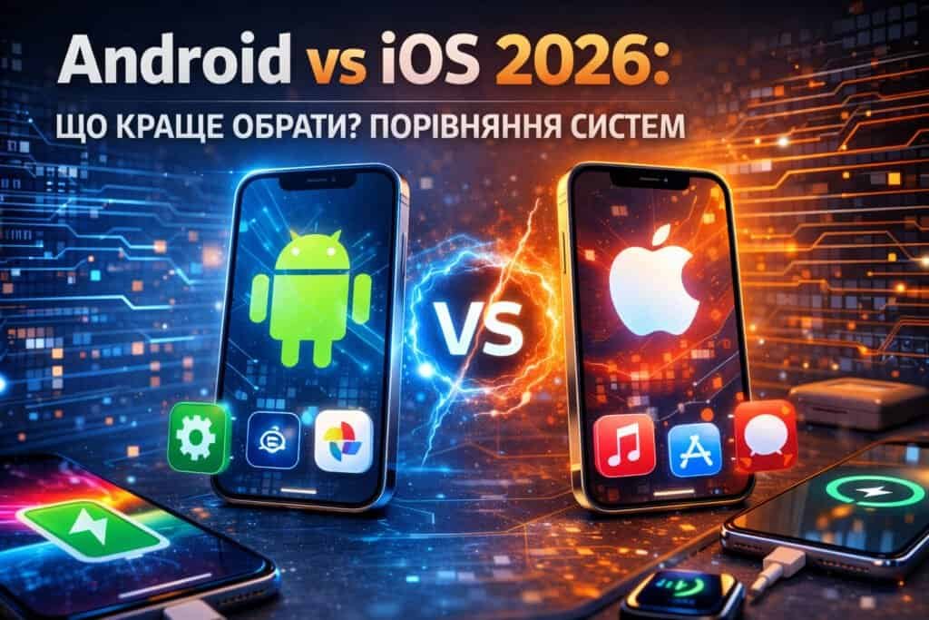 Смартфони з операційними системами Android vs iOS — порівняння мобільних платформ у 2026 році.