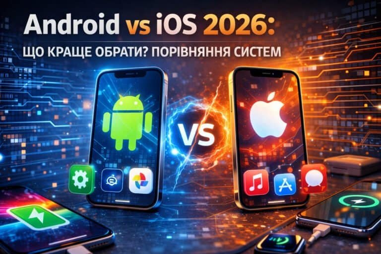 Смартфони з операційними системами Android vs iOS — порівняння мобільних платформ у 2026 році.