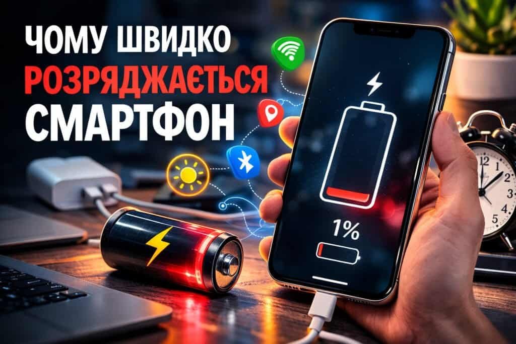 Смартфон із низьким рівнем заряду батареї на екрані — ілюстрація проблеми швидкого розряду акумулятора.