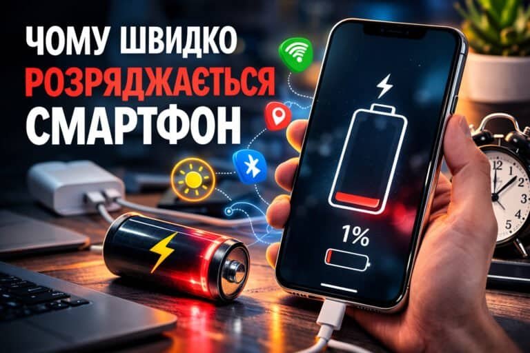 Смартфон із низьким рівнем заряду батареї на екрані — ілюстрація проблеми швидкого розряду акумулятора.