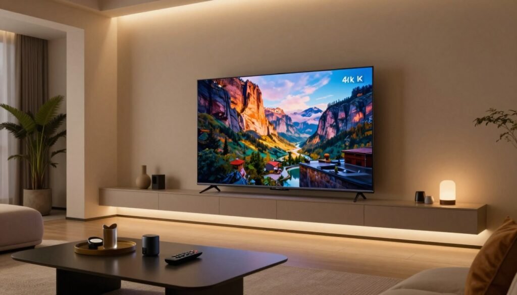 Ультратонкий телевізор з великою діагоналлю та 4K екраном у сучасному мінімалістичному інтер'єрі вітальні з м’яким вечірнім освітленням.