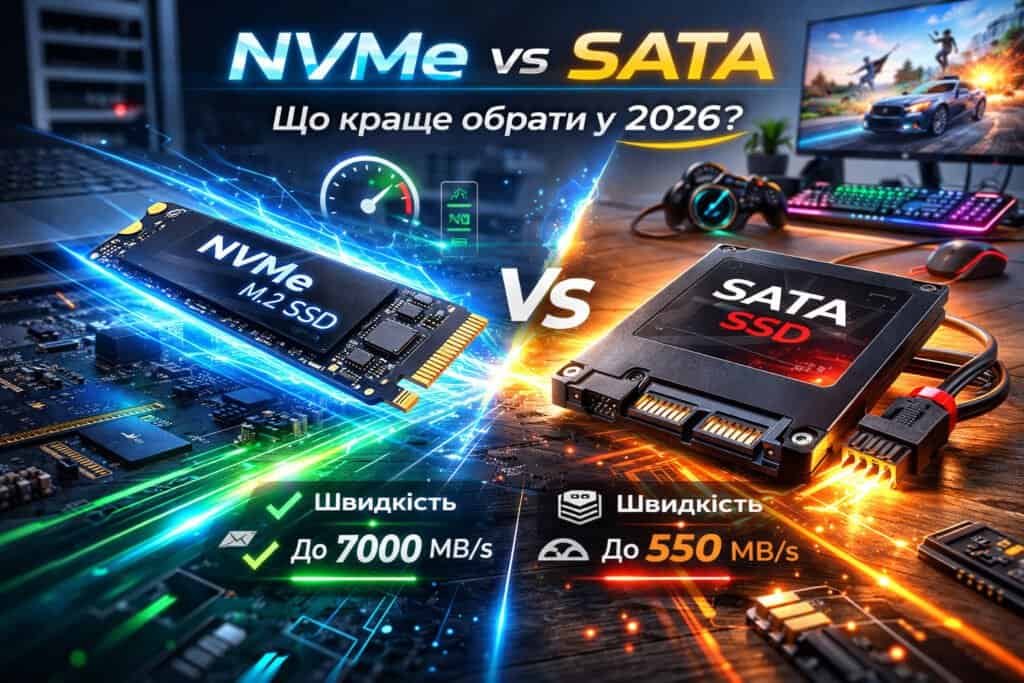 NVMe vs SATA — різниця між SSD накопичувачами за швидкістю та продуктивністю у 2026