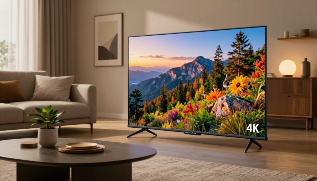 Сучасний 4K телевізор із яскравим зображенням природи в стильному інтер'єрі вітальні з м'яким вечірнім освітленням.