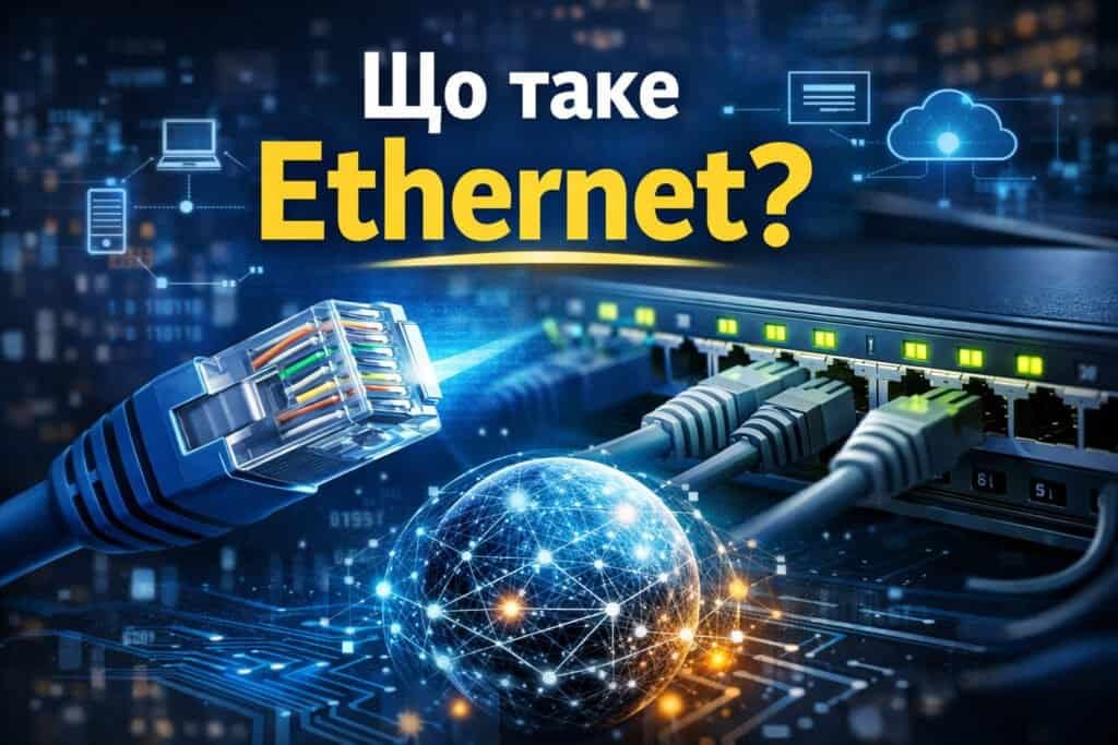 Ethernet кабель RJ-45 підключений до мережевого комутатора — технологія дротової локальної мережі для швидкої передачі даних та стабільного інтернет-з’єднання.
