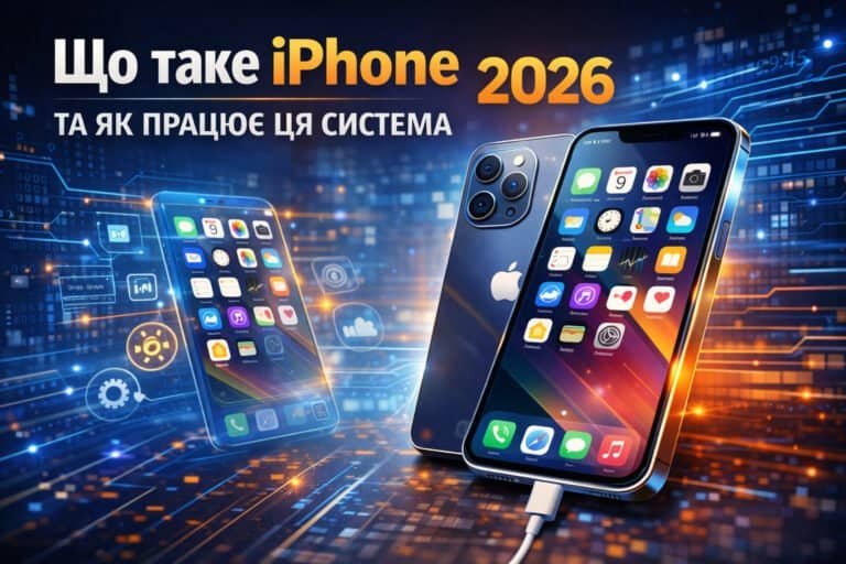 Смартфон iPhone з інтерфейсом iOS на екрані — приклад роботи операційної системи Apple та мобільних додатків.