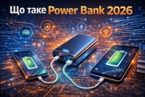 Power Bank підключений до смартфона та планшета для зарядки — портативний акумулятор для мобільних пристроїв.