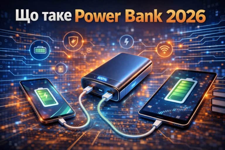 Power Bank підключений до смартфона та планшета для зарядки — портативний акумулятор для мобільних пристроїв.