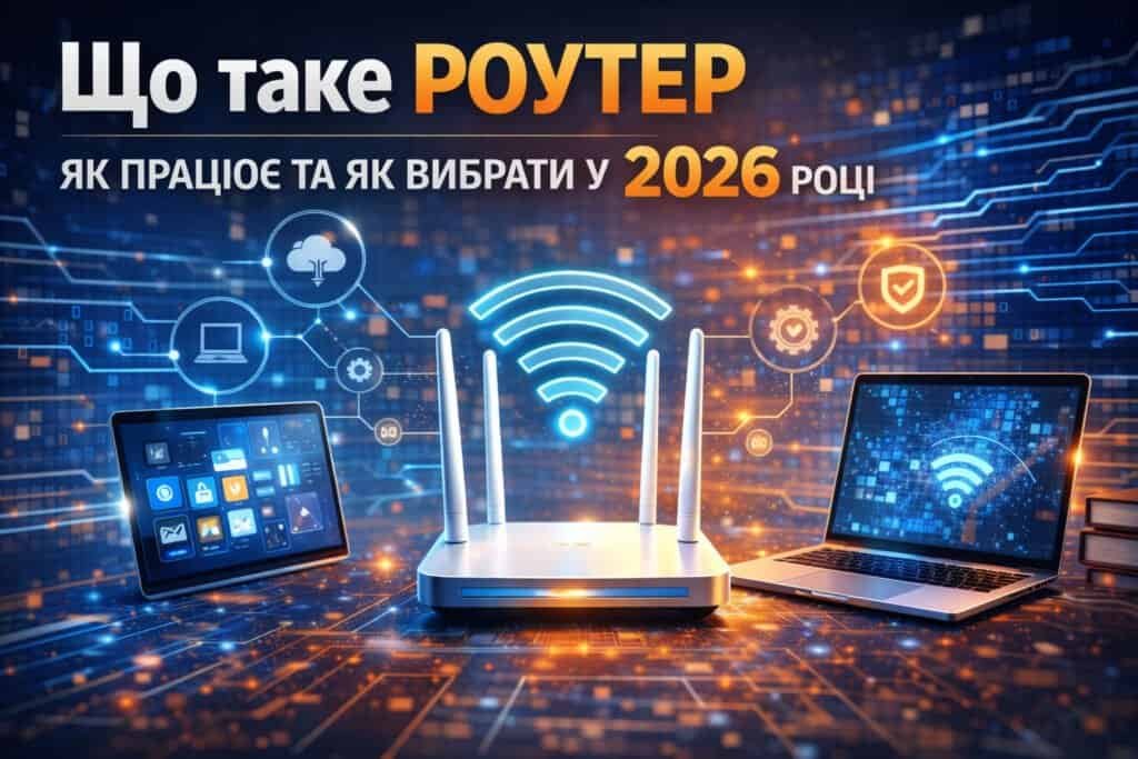Wi-Fi роутер із сигналом бездротової мережі та підключеними пристроями — ноутбук і планшет.