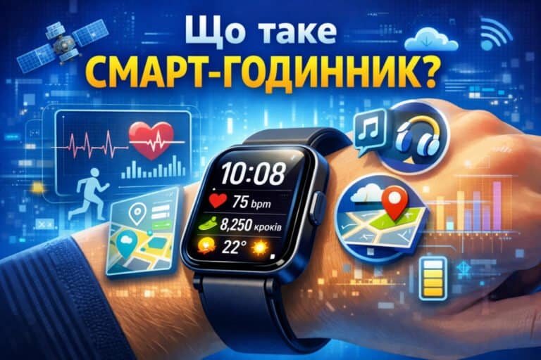 Смарт-годинник на екрані якого показані функції: пульс, кроки, повідомлення та фітнес-відстеження