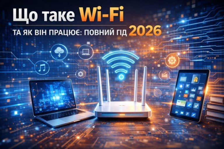 Wi-Fi роутер із сигналом бездротової мережі та підключеними пристроями — ноутбук і планшет.