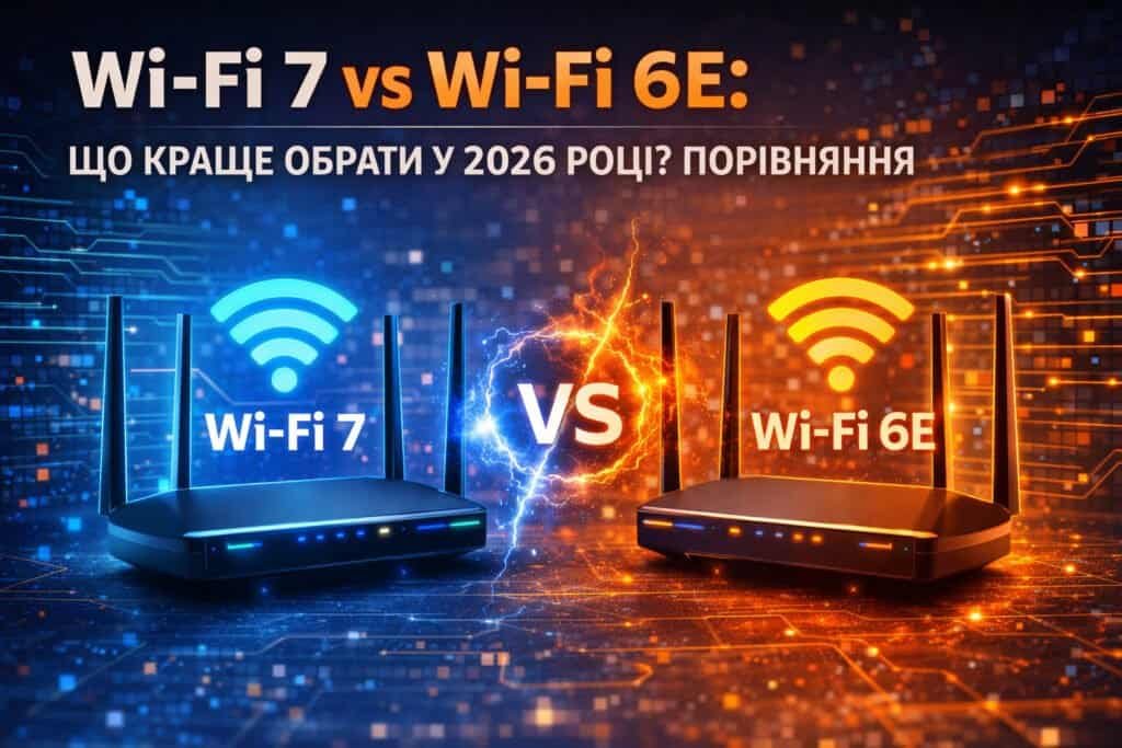 Wi-Fi 7 та Wi-Fi 6E роутери з бездротовим сигналом — порівняння стандартів Wi-Fi у 2026 році.