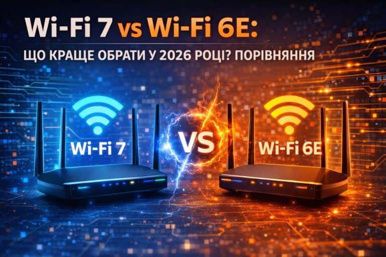 Wi-Fi 7 та Wi-Fi 6E роутери з бездротовим сигналом — порівняння стандартів Wi-Fi у 2026 році.