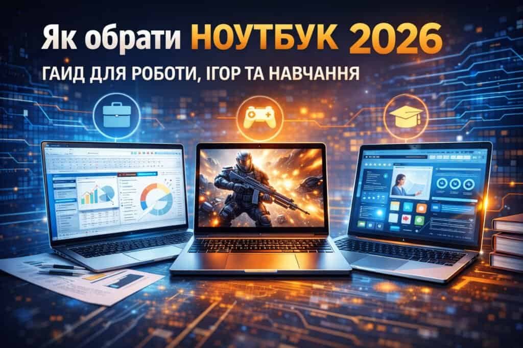 Сучасні ноутбуки для роботи, ігор та навчання — ілюстрація вибору ноутбука у 2026 році.