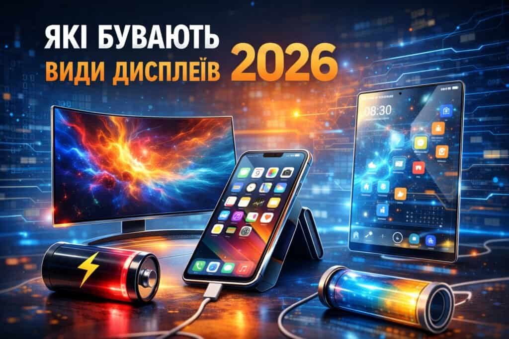Різні види дисплеїв у сучасних пристроях — смартфон, планшет і монітор з сучасними технологіями екранів.