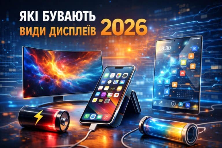 Різні види дисплеїв у сучасних пристроях — смартфон, планшет і монітор з сучасними технологіями екранів.