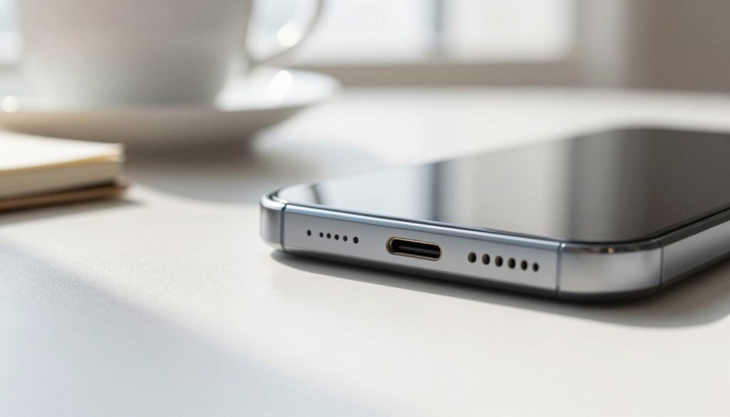 Смартфон із ідеально чистим портом живлення на фоні розмитого робочого місця з кавою — символ правильного догляду за технікою.