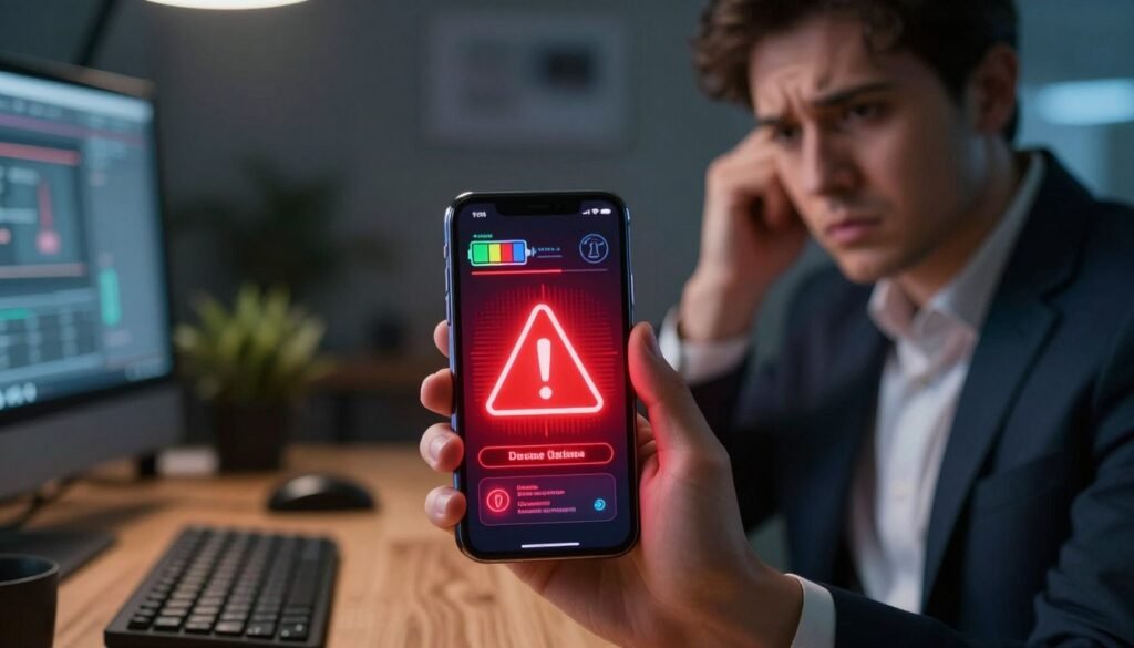 A close-up of a smartphone displaying a vivid warning symbol indicating overheating, surrounded by a soft, glowing red light to symbolize high temperature. In the foreground, intricate details on the smartphone's screen show graphics of battery status and temperature alerts. In the middle, a hand is gently holding the phone, with an expression of concern on a professional-looking face dressed in business attire, ensuring a serious tone. In the background, a cozy but dimly lit office setting featuring a wooden desk with tech gadgets, plants, and a faint glow from a computer screen. The overall atmosphere is tense, emphasizing the urgency of addressing smartphone overheating issues, captured with sharp focus and dramatic lighting to enhance the emotional impact.