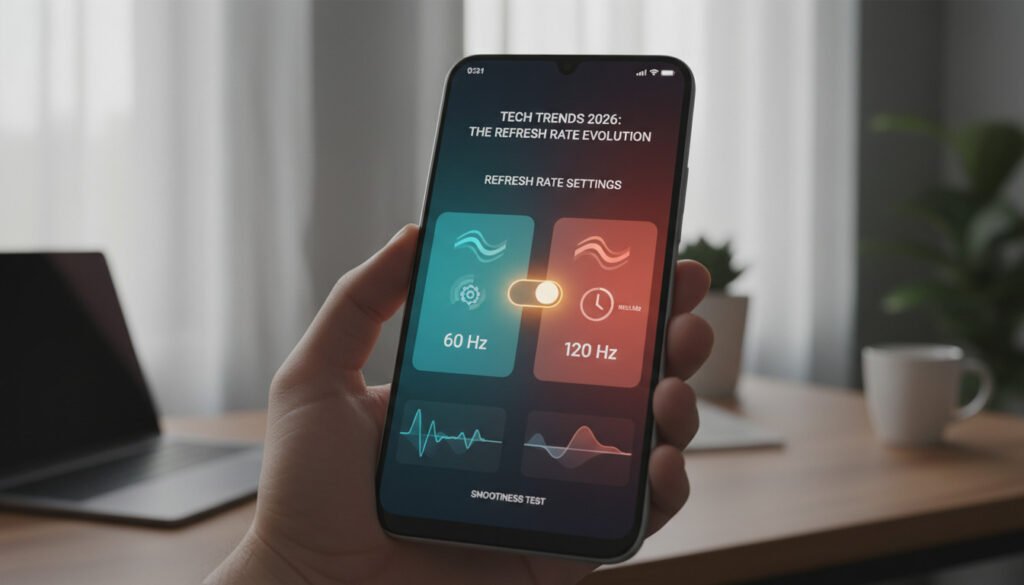 Крупний план екрана смартфона в руці, що демонструє інтерфейс із налаштуваннями частоти оновлення 60 Гц та 120 Гц поруч.