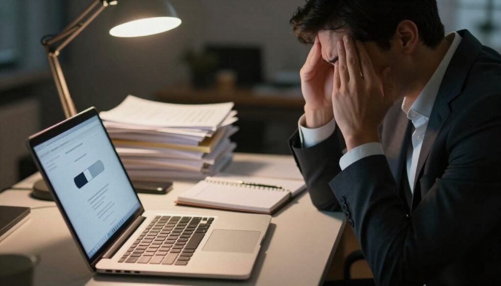 A close-up view of a frustrated professional sitting at a cluttered desk, visibly concerned as they work on a sluggish laptop. The foreground features the laptop screen displaying loading indicators and a slow performance message, while the professional, dressed in a smart business attire, rubs their temples in exasperation. In the middle ground, a stack of papers and an open notebook scattered with notes illustrate the chaotic work environment. The background shows a softly lit office with warm ambient lighting from a desk lamp, creating a slightly tense yet focused atmosphere. The overall mood reflects challenges faced due to technology issues, emphasizing the causes of a slow laptop in a contemporary setting.