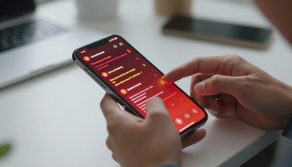 Процес усунення несправностей смартфона: людина взаємодіє з екраном, на якому з’явилися повідомлення про критичні помилки системи.
