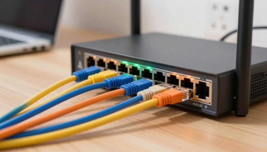 A close-up view of a modern network router setup on a wooden desk. In the foreground, there are various colorful Ethernet cables—blue, yellow, and orange—neatly arranged and partially plugged into the router's ports. The middle layer features the router itself, sleek and modern, with LED indicators glowing softly in green and orange. The background includes a blurred view of a laptop and a wall outlet, providing a sense of context for the installation. The lighting is bright and slightly warm, creating an inviting atmosphere. The angle is slightly elevated, focusing on the router and cables, emphasizing precision and organized preparation. The overall mood is professional and methodical, suitable for tech novices.