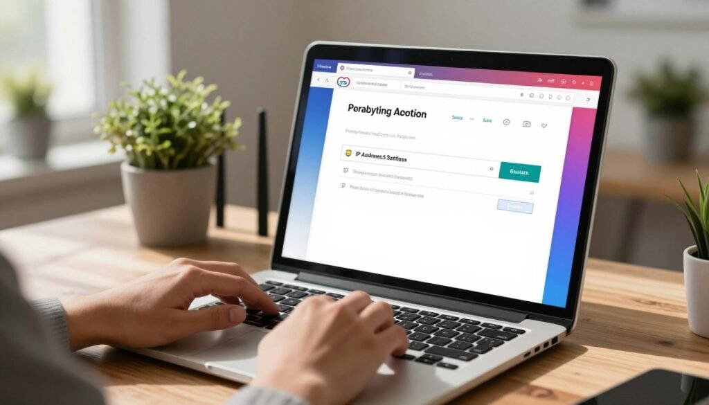 A close-up view of a modern router's web interface displayed on a laptop screen, showcasing the IP address entry field. The scene is set in a well-lit, tidy home office with a warm atmosphere, featuring a wooden desk and potted plants in the background. A pair of hands, dressed in professional business attire, is poised over the keyboard, ready to input the IP address. Soft natural light filters through a window, casting gentle shadows across the workspace. The laptop screen glows with a clearly defined user interface, with vibrant colors and a user-friendly design, emphasizing connectivity and technology. The overall mood is focused and informative, ideal for demonstrating how to access router settings.