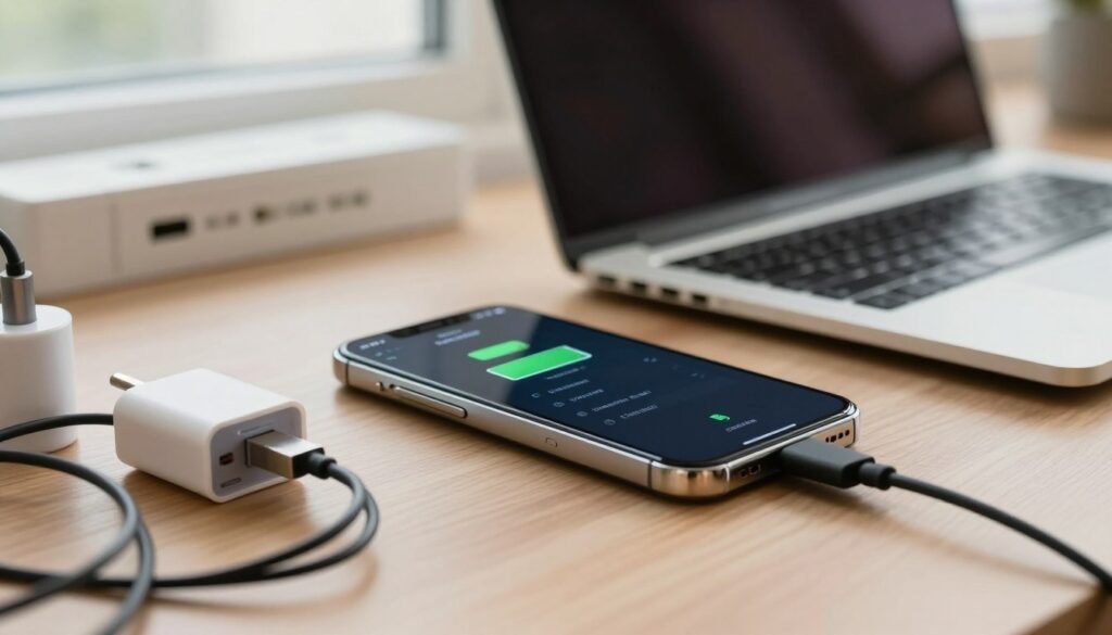 Пошук причин, чому не заряджається телефон: смартфон на робочому столі поруч із несправними аксесуарами для зарядки.