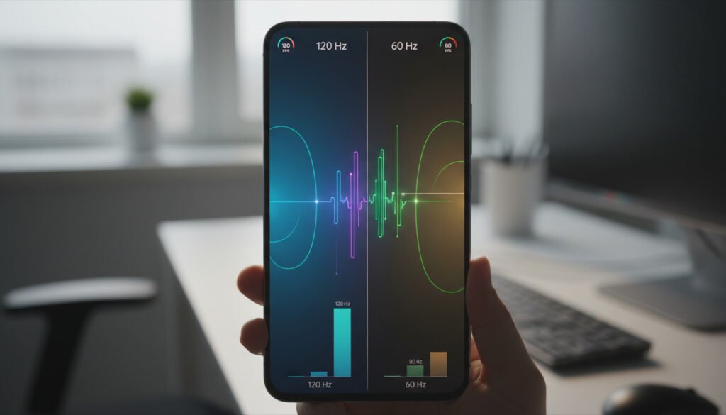 Крупний план екрана смартфона, що демонструє різницю між 60 Гц та 120 Гц: порівняння плавності анімації та графіки на двох прикладах.