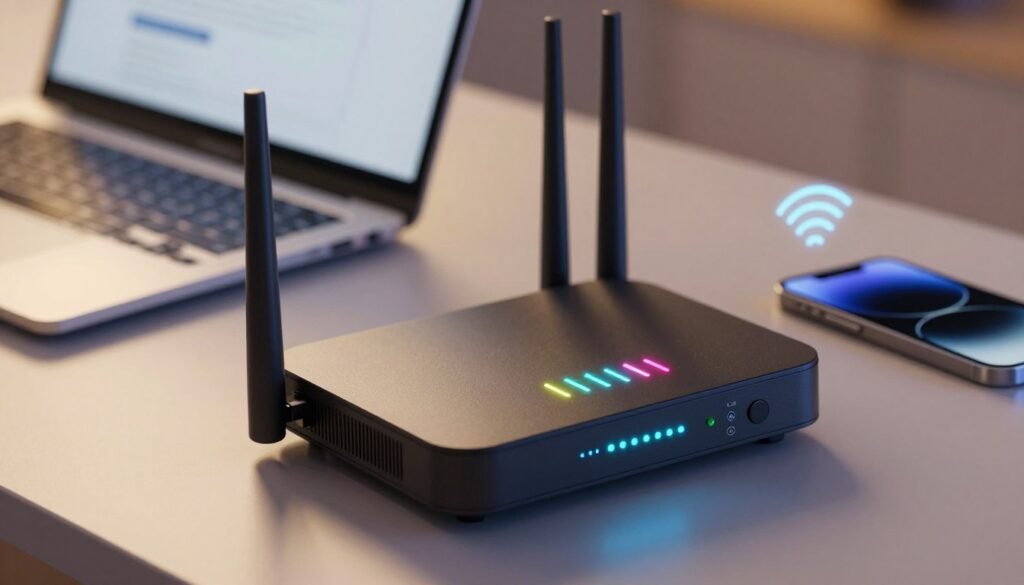 Сучасний Wi-Fi роутер на робочому столі з яскравими індикаторами сигналу, що символізують стабільне та швидке інтернет-з'єднання.