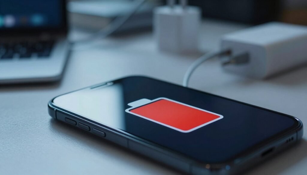 Крупний план екрана смартфона з червоною іконкою низького заряду акумулятора на фоні розмитих зарядних пристроїв та павербанків.