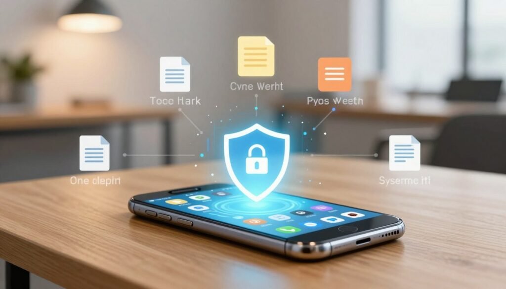 Символічне зображення захисту цифрових даних: смартфон на дерев'яному столі з візуальними підказками про збереження важливої інформації.