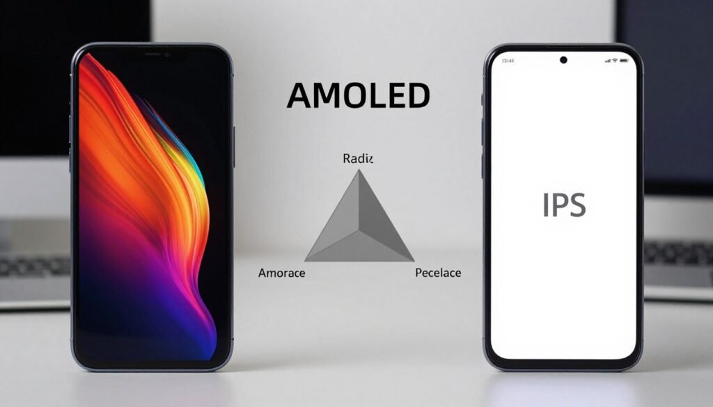 Порівняння дисплеїв смартфонів: AMOLED ліворуч демонструє глибокий чорний колір, а IPS праворуч — яскраві білі відтінки та точну передачу кольору.