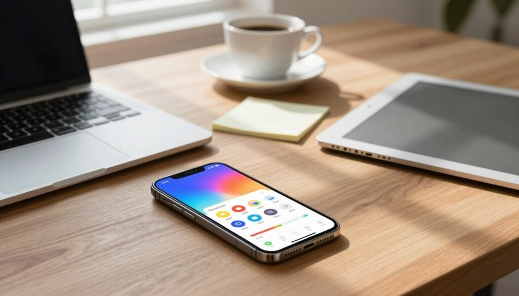 Робоче місце з кавою та технікою, де на екрані смартфона запущено процес очищення пам’яті для підвищення ефективності роботи.