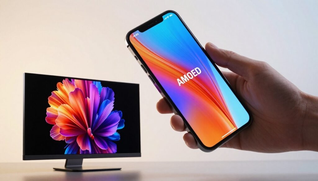 Порівняльна ілюстрація дисплеїв 2026 року: екран AMOLED з глибоким чорним та насиченими кольорами поруч із екраном IPS, що демонструє точну передачу кольору та широкі кути огляду.