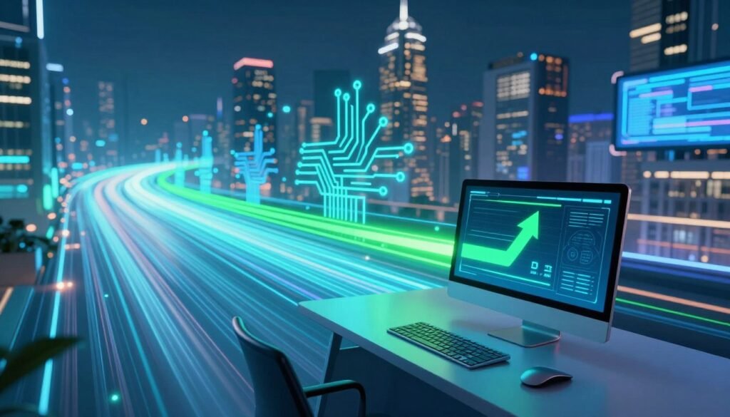 A futuristic digital landscape representing internet speed, with vibrant, flowing data streams of light in electric blues and greens. In the foreground, a sleek, modern computer set on a stylish desk displaying a speed test graphic with arrows indicating speed. In the middle ground, abstract representations of internet connectivity, like glowing circuit patterns and nodes. The background features a high-tech city skyline, with shimmering buildings and digital billboards. The scene is illuminated with dynamic, ambient lighting that conveys a sense of speed and efficiency. Capture this image from a slightly elevated angle to emphasize depth, creating an energetic and optimistic atmosphere reflecting the importance of internet speed.