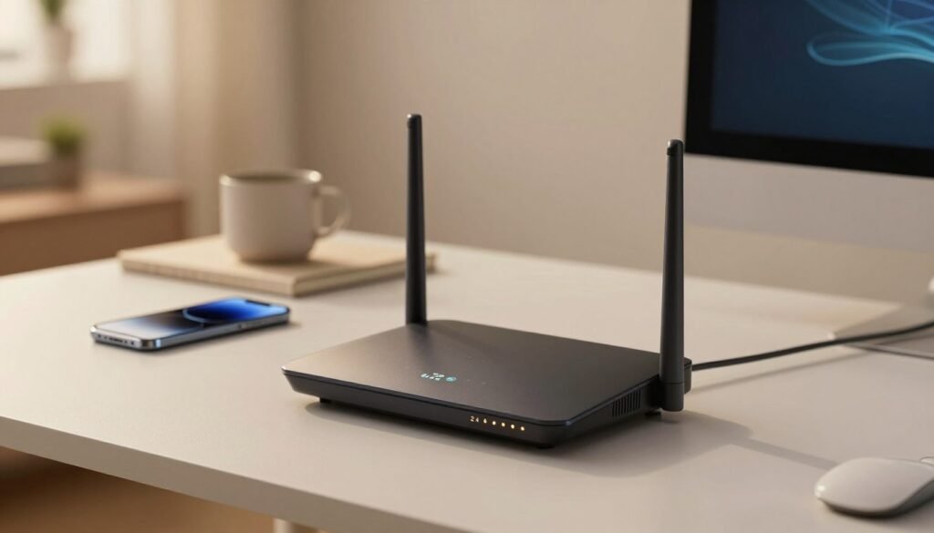 A modern home office setup featuring a sleek router prominently displayed on a desk. In the foreground, focus on the router with visible indicators showing the frequency selection of 2.4 and 5 GHz in an illuminated interface. In the middle ground, a computer and a smartphone are connected to the router, demonstrating a seamless high-speed internet connection. The background showcases a cozy and well-lit room, complete with neutral tones and minimalist decor, creating a professional atmosphere. Use soft, warm lighting that invites focus onto the router while subtly highlighting the equipment around it. The lens should have a slight depth of field to emphasize the router while keeping the background slightly blurred, conveying a sense of clarity and modernity in technology.