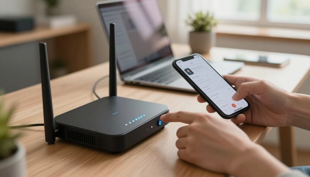 Перезавантаження Wi-Fi роутера вручну для виправлення проблем із підключенням до інтернету на фоні робочого столу.