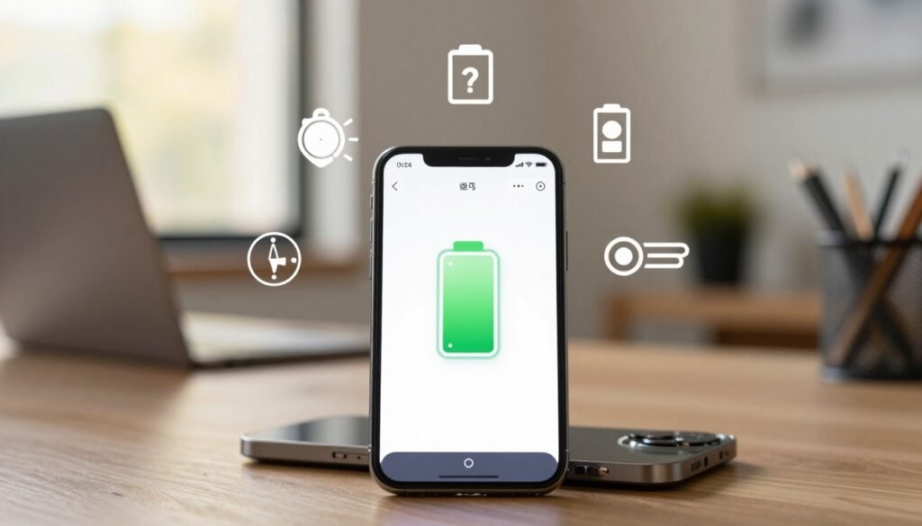 Смартфон із низьким зарядом батареї, оточений іконками швидких налаштувань енергозбереження: яскравість, керування додатками та режим економії.