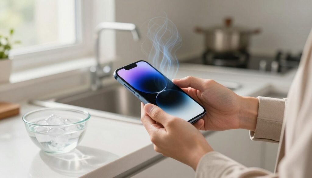 A modern smartphone visibly overheating, with heat waves radiating from its screen. In the foreground, place a person, dressed in business casual attire, gently holding the smartphone in one hand while fanning it with the other hand, illustrating a cooling technique. The middle ground features a kitchen counter with a small bowl of ice water, suggesting quick cooling methods. The background shows a bright, well-lit room, with natural sunlight streaming in through a window, creating a warm atmosphere. The overall mood conveys urgency and practicality, highlighting the action of cooling the phone in a short time. The composition captures the essence of using simple, effective strategies to manage smartphone overheating.
