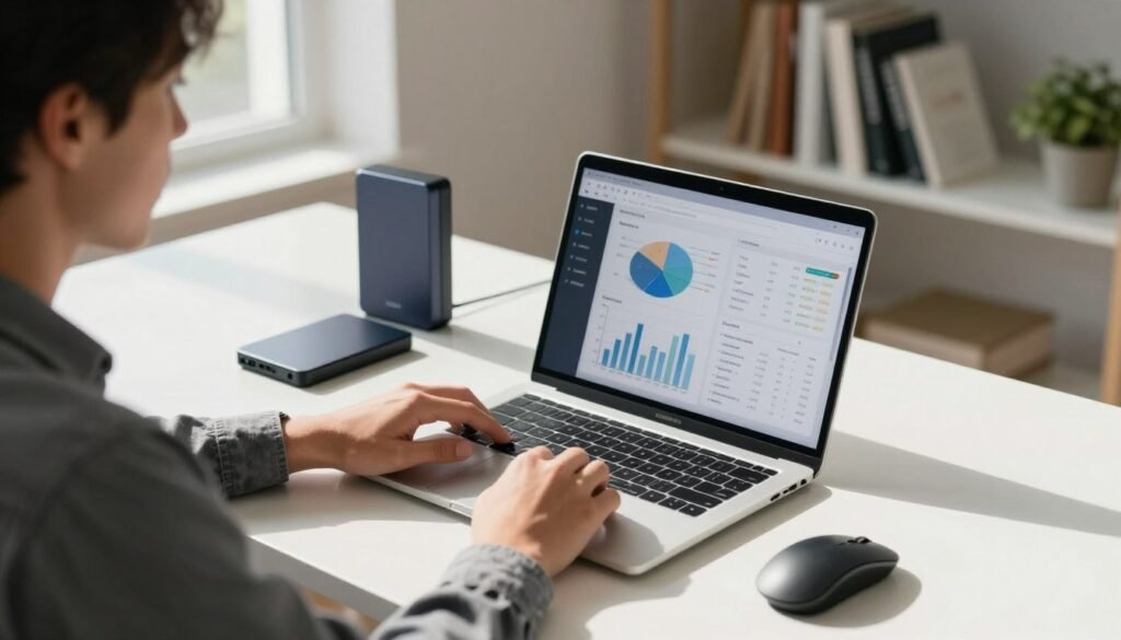 A sleek, modern laptop on a clean, minimalistic desk, illuminated by soft, natural sunlight streaming through a nearby window, casting gentle shadows. The foreground features a focused young professional, dressed in smart casual attire, intently analyzing performance metrics on the laptop screen, which displays graphs and indicators of system performance. In the middle ground, various tech gadgets like a high-speed external hard drive and a wireless mouse are arranged neatly. The background includes a subtle bookshelf filled with tech-related books and a plant, creating an atmosphere of productivity and innovation. The overall mood is energetic yet calming, representing the idea of optimizing system performance efficiently within a short time frame.