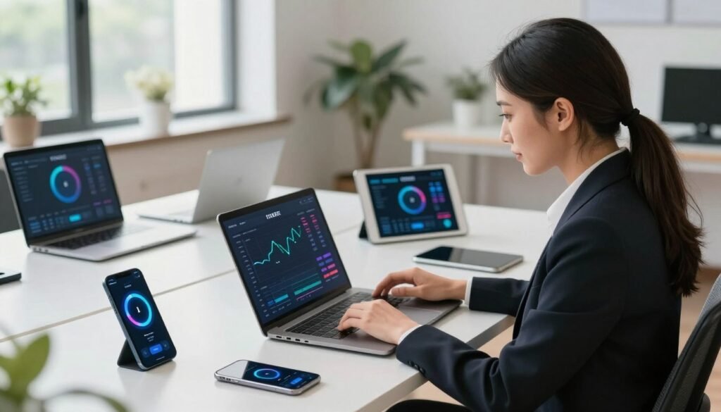 A visually engaging image depicting a modern digital landscape to illustrate internet speed testing methods. In the foreground, a confident professional woman in business attire is sitting at a sleek desk with a laptop, focused on a speed test on the screen, showcasing dynamic graphs and metrics. In the middle ground, various internet-connected devices like smartphones and tablets are scattered around the desk, highlighting the diverse methods of testing internet speed. The background features a stylish office space with soft, natural lighting streaming through a large window, creating an inviting atmosphere. The overall mood is one of productivity and efficiency, embodying the concept of streamlined internet connectivity. The angle is a slightly elevated side view, emphasizing both the professional's engagement and the technological elements.